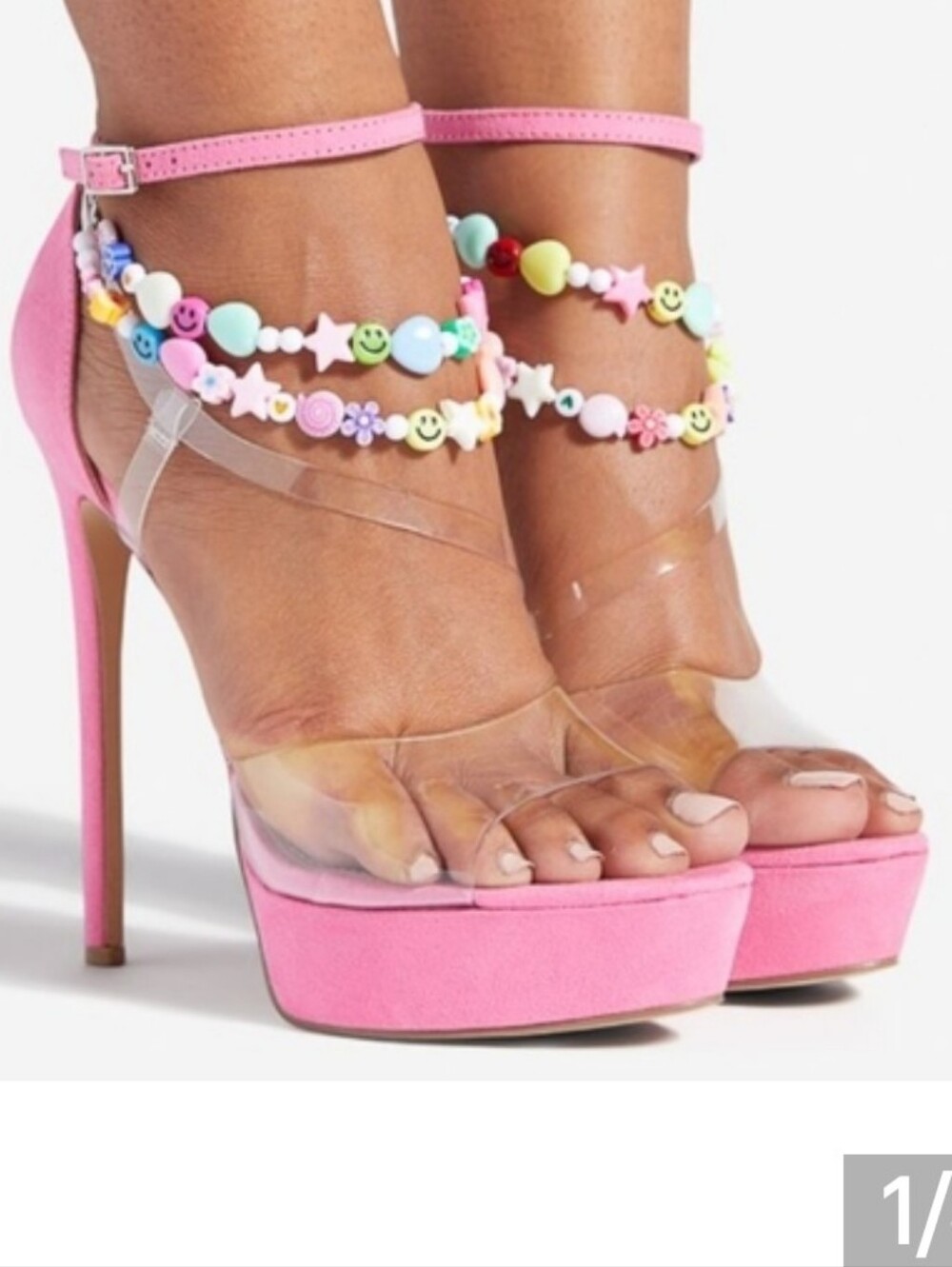 Barbie Bumble Gum Pink Clear Charm Straps Sky High Stilleto Platform Heels 10 - Picture 1 of 9